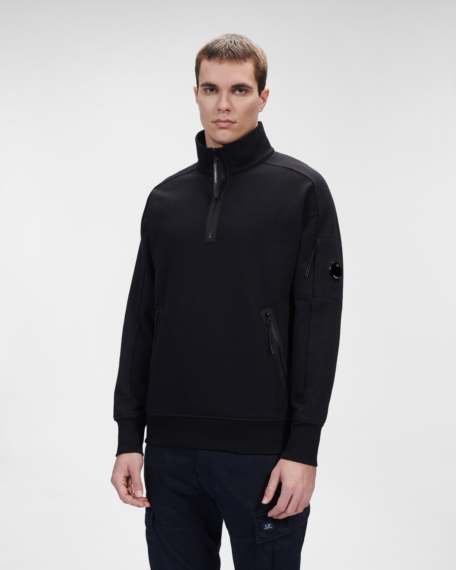 C.P. Company Diagonal Raised Fleece Stand Collar Sweatshirt Black