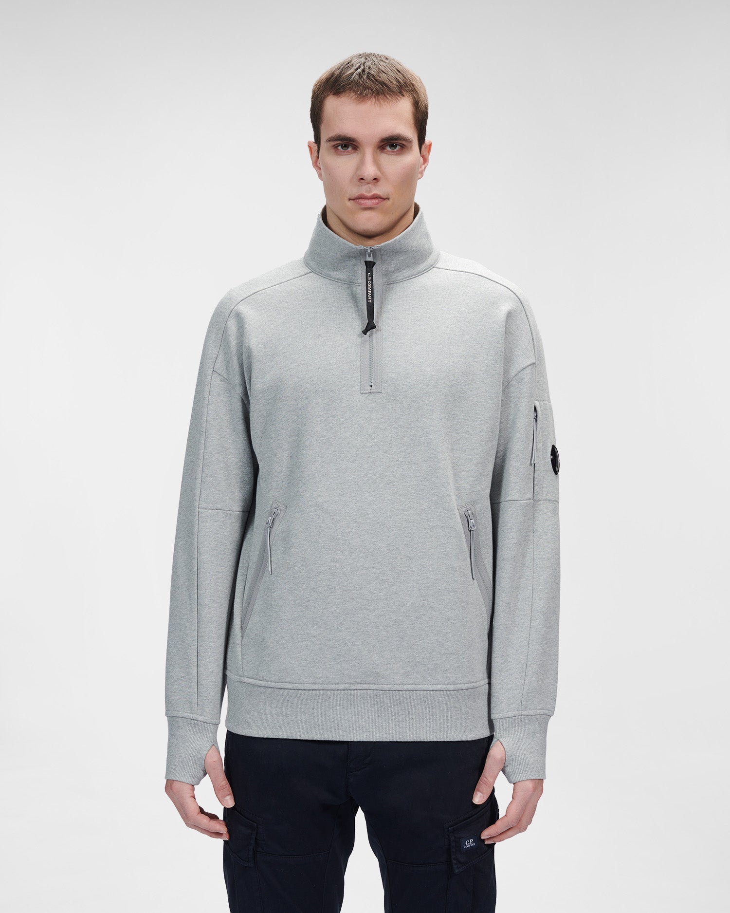 C.P. Company Diagonal Raised Fleece Stand Collar Sweatshirt Grey Melange