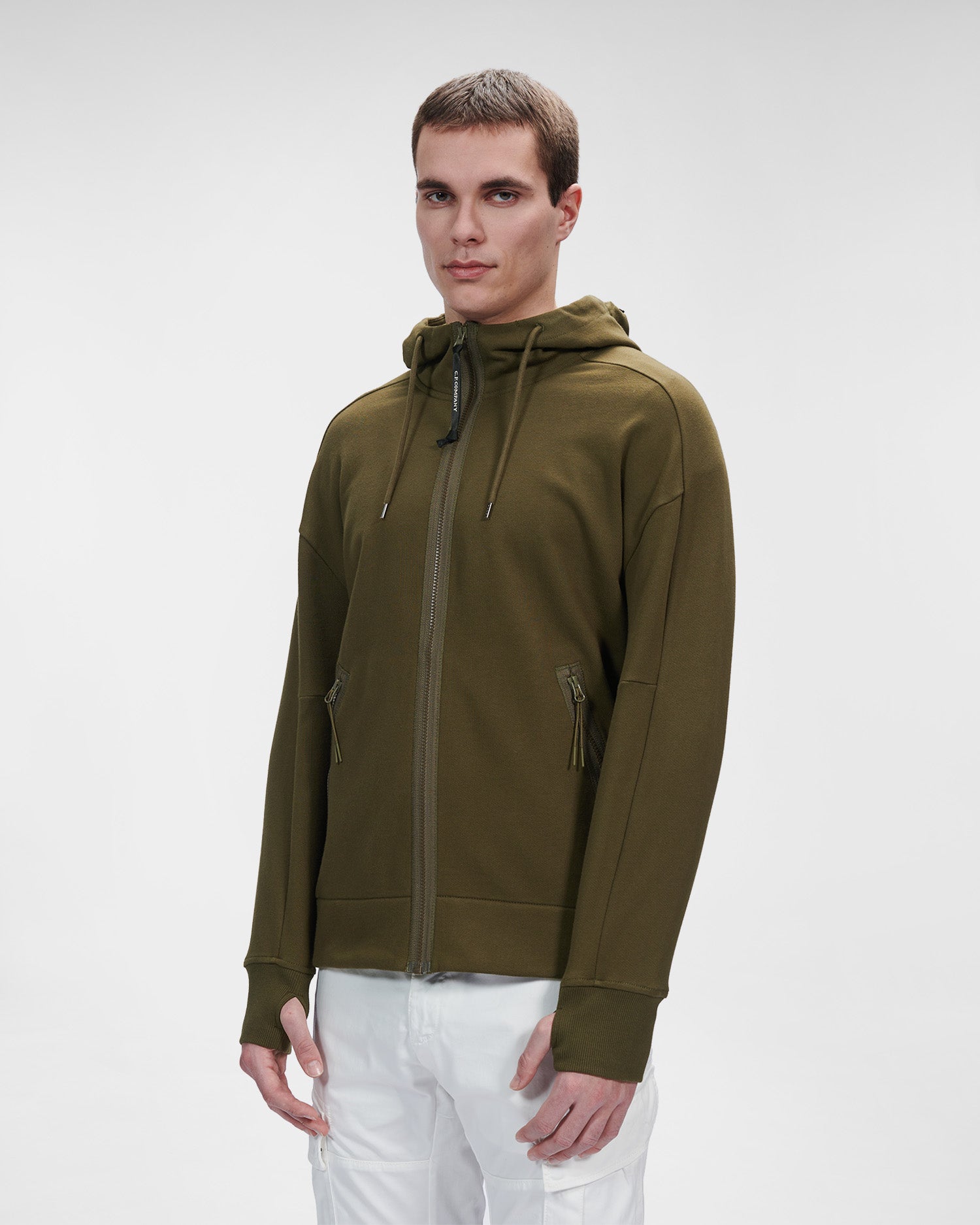 C.P. Company Diagonal Raised Fleece Goggle Hoodie Ivy Green