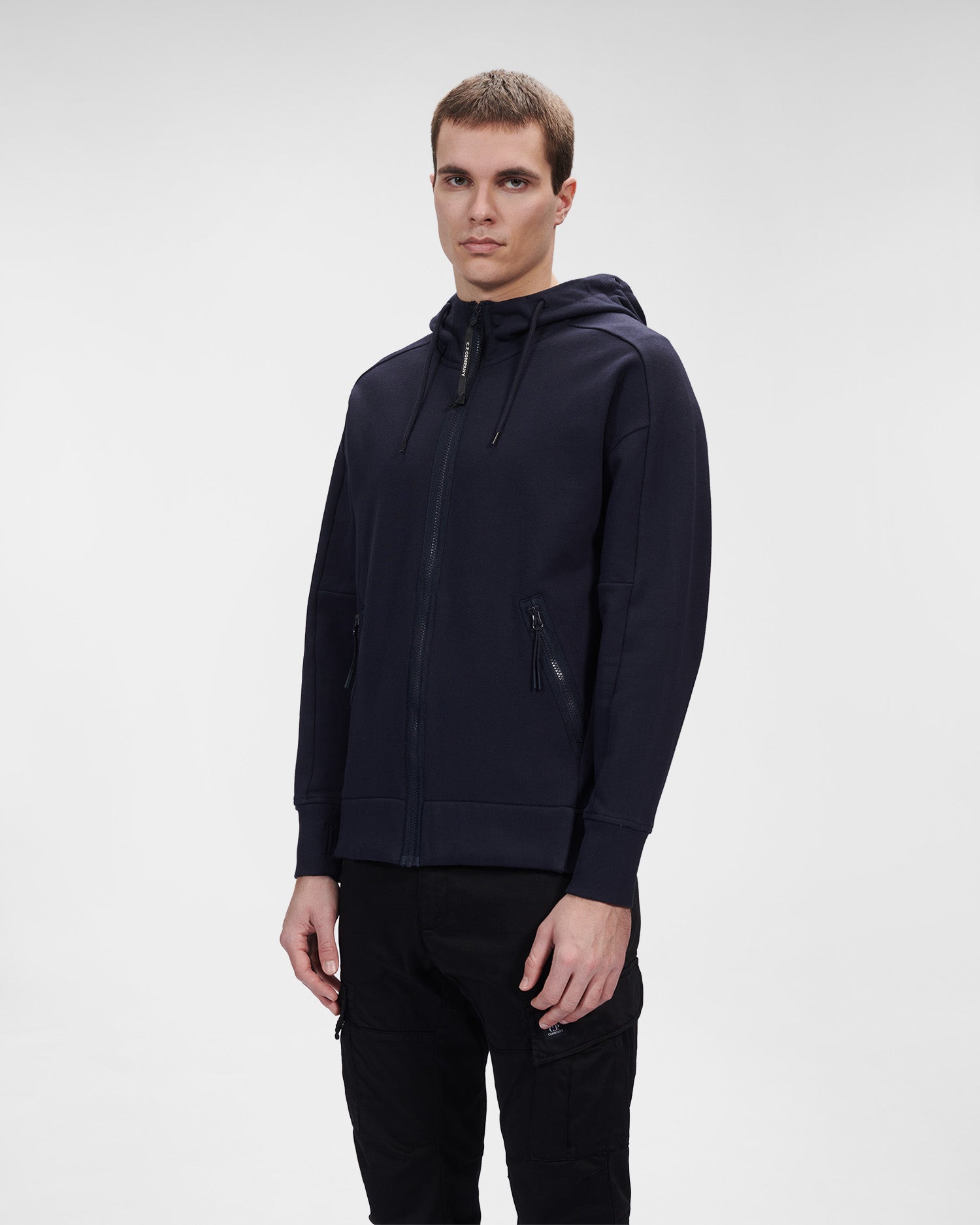 C.P. Company Diagonal Raised Fleece Goggle Hoodie Total Eclipse Blue
