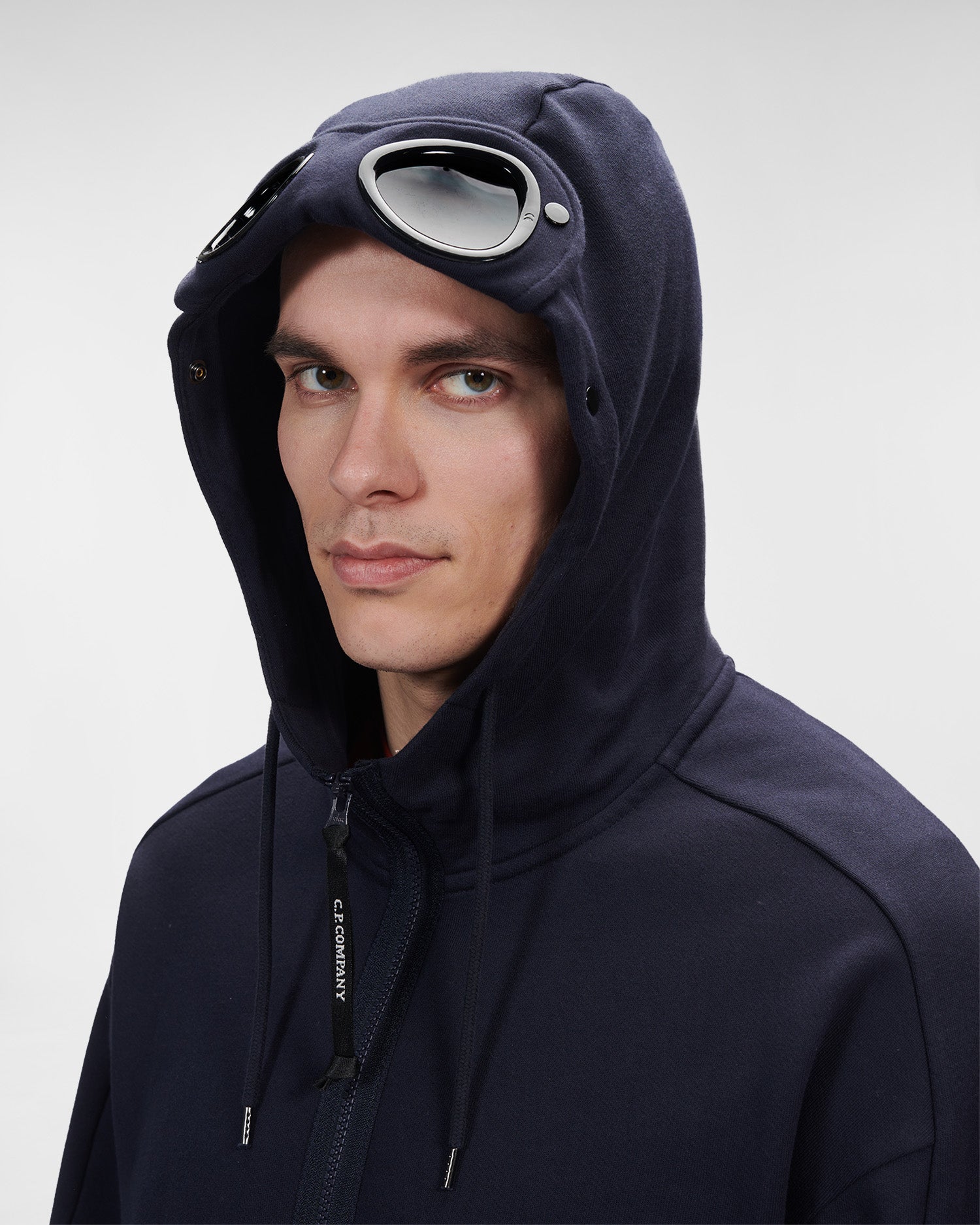 C.P. Company Diagonal Raised Fleece Goggle Hoodie Total Eclipse Blue