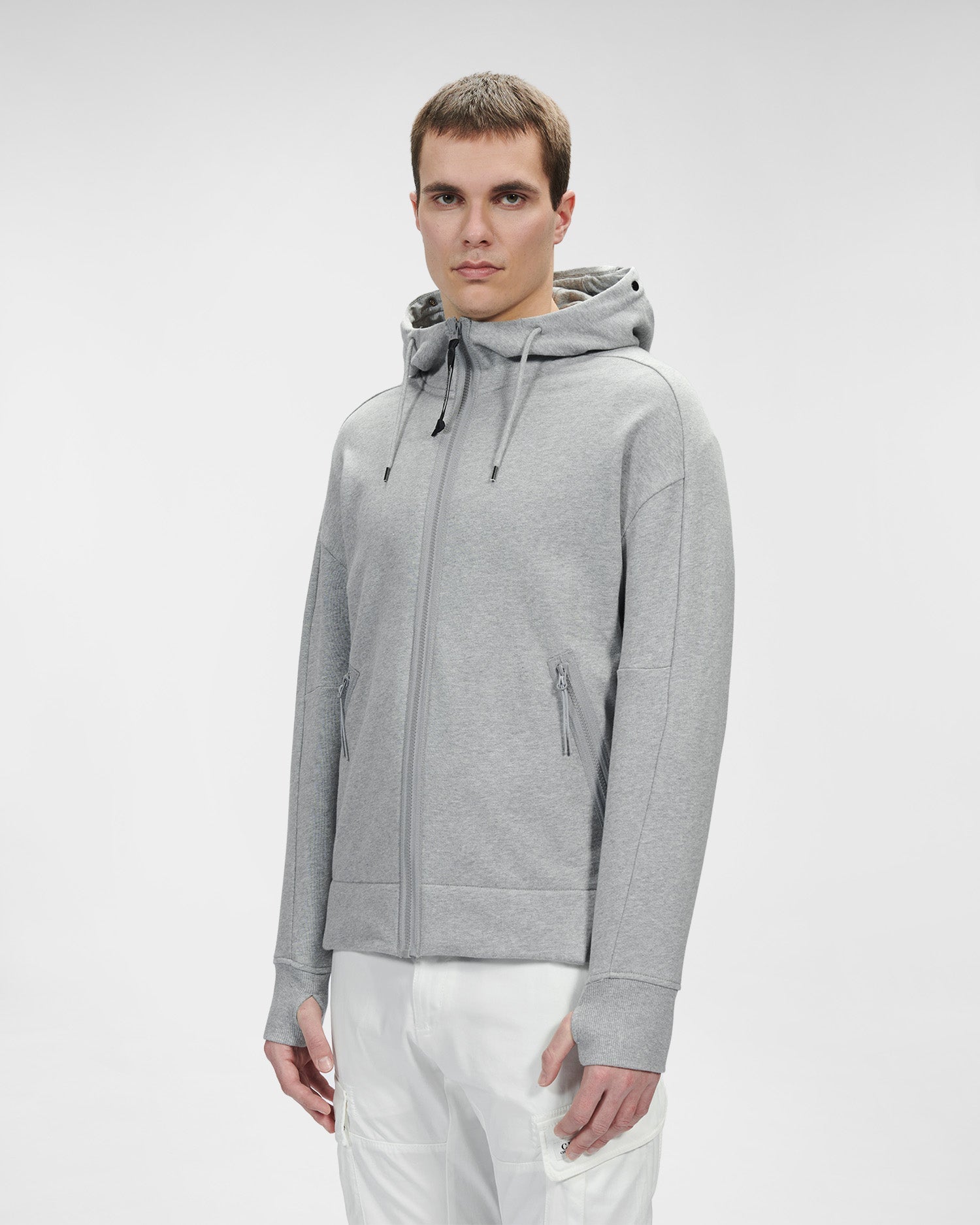 C.P. Company Diagonal Raised Fleece Goggle Hoodie Grey Melange