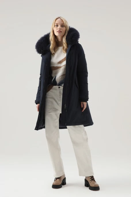 Woolrich Woman Long Parka with Cashmere Fur Melton Blue