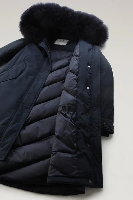Woolrich Woman Long Parka with Cashmere Fur Melton Blue