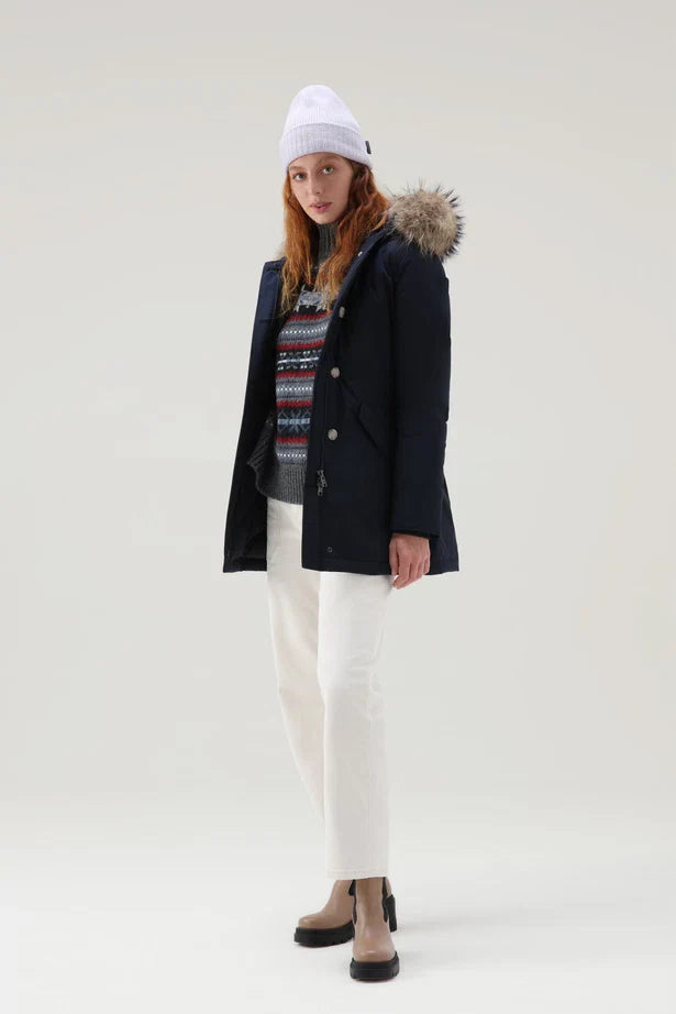 Woolrich Woman Luxury Arctic Parka with Detachable Fur Melton Blue