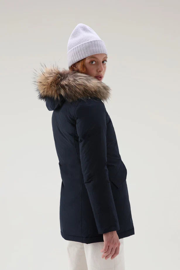 Woolrich Woman Luxury Arctic Parka with Detachable Fur Melton Blue