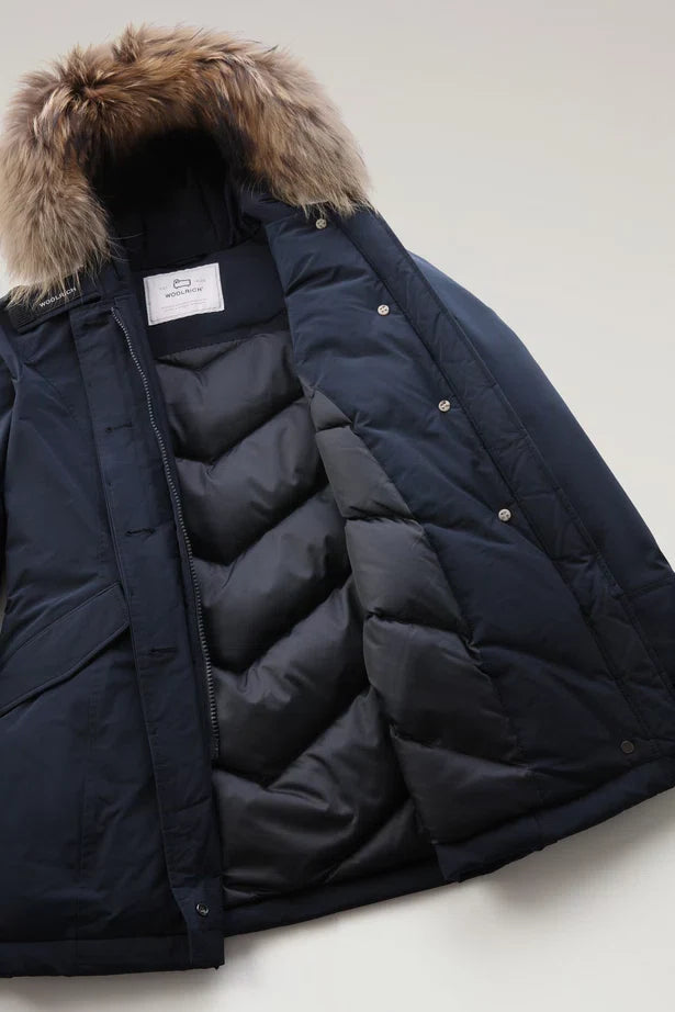 Woolrich Woman Luxury Arctic Parka with Detachable Fur Melton Blue