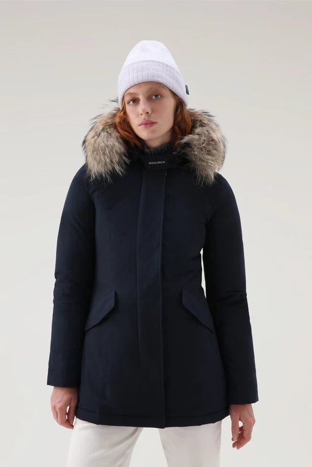 Woolrich Woman Luxury Arctic Parka with Detachable Fur Melton Blue