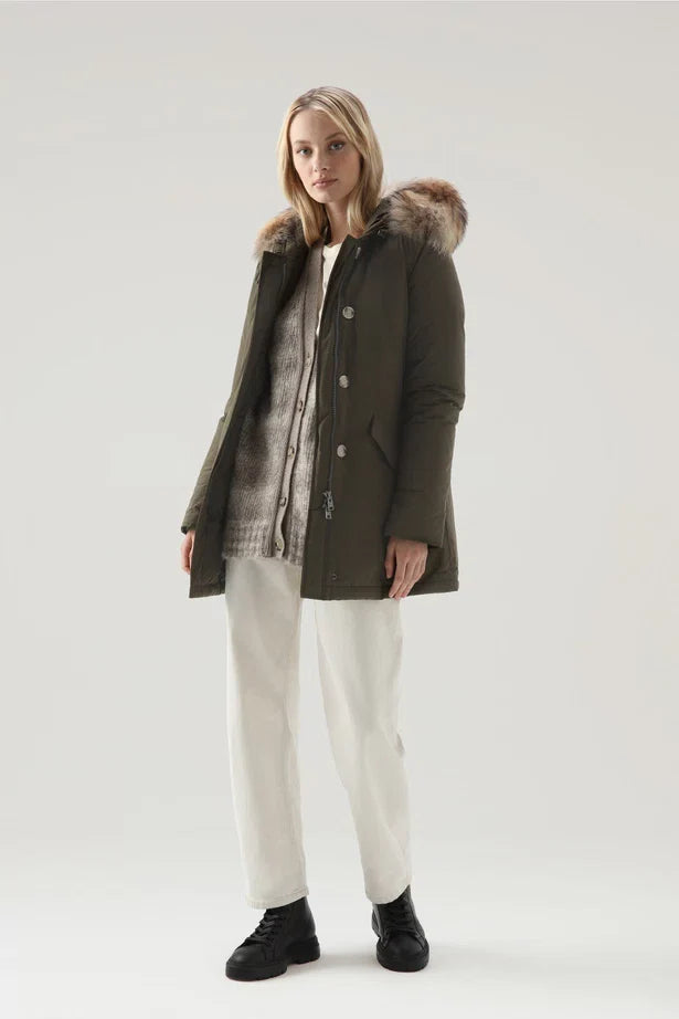Woolrich Woman Luxury Arctic Parka with Detachable Fur Dark Green