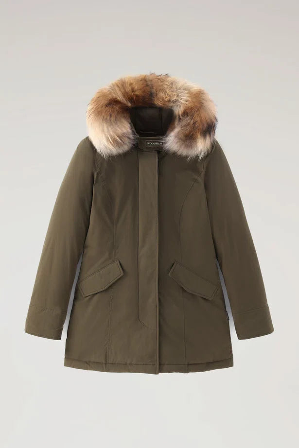 Woolrich Woman Luxury Arctic Parka with Detachable Fur Dark Green