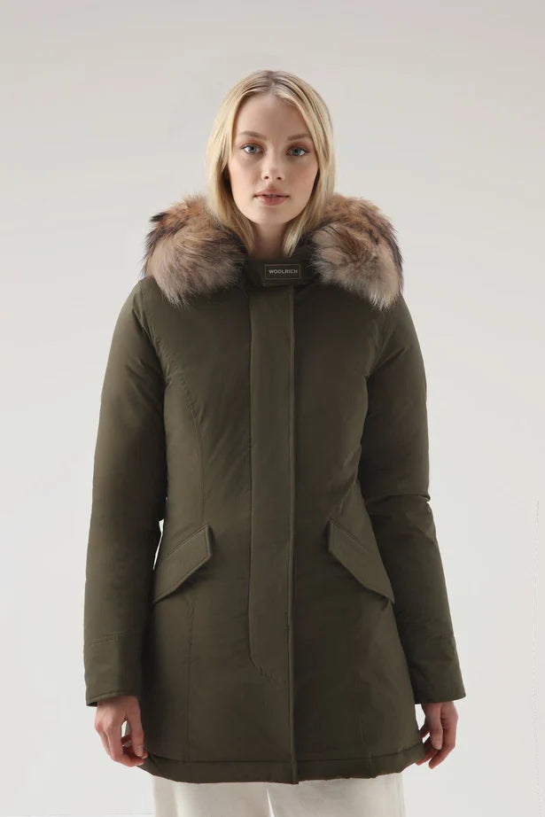 Woolrich Woman Luxury Arctic Parka with Detachable Fur Dark Green