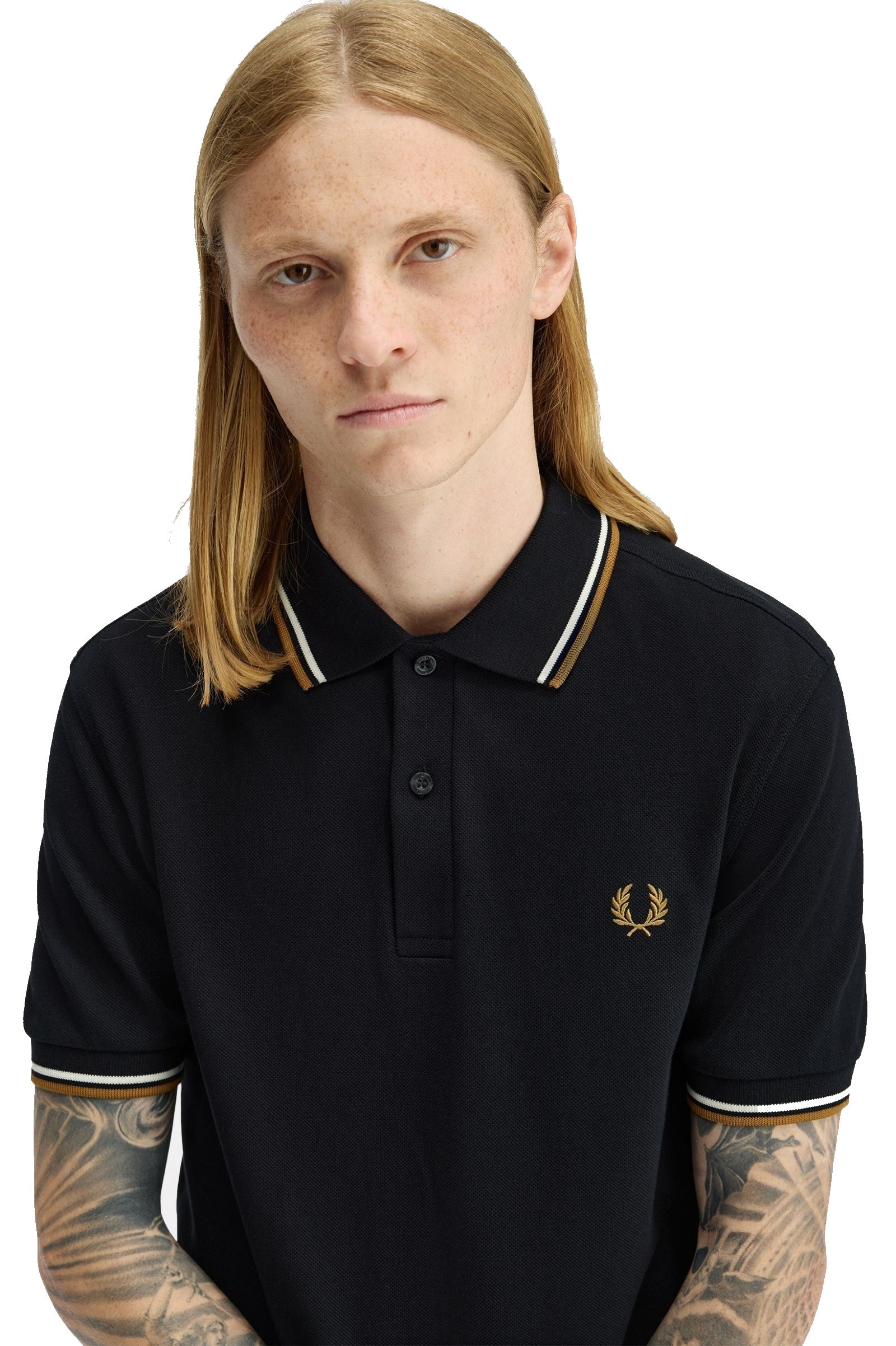 Fred Perry Slim Fit Twin Tipped Polo Black / Ecru / Dark Caramel
