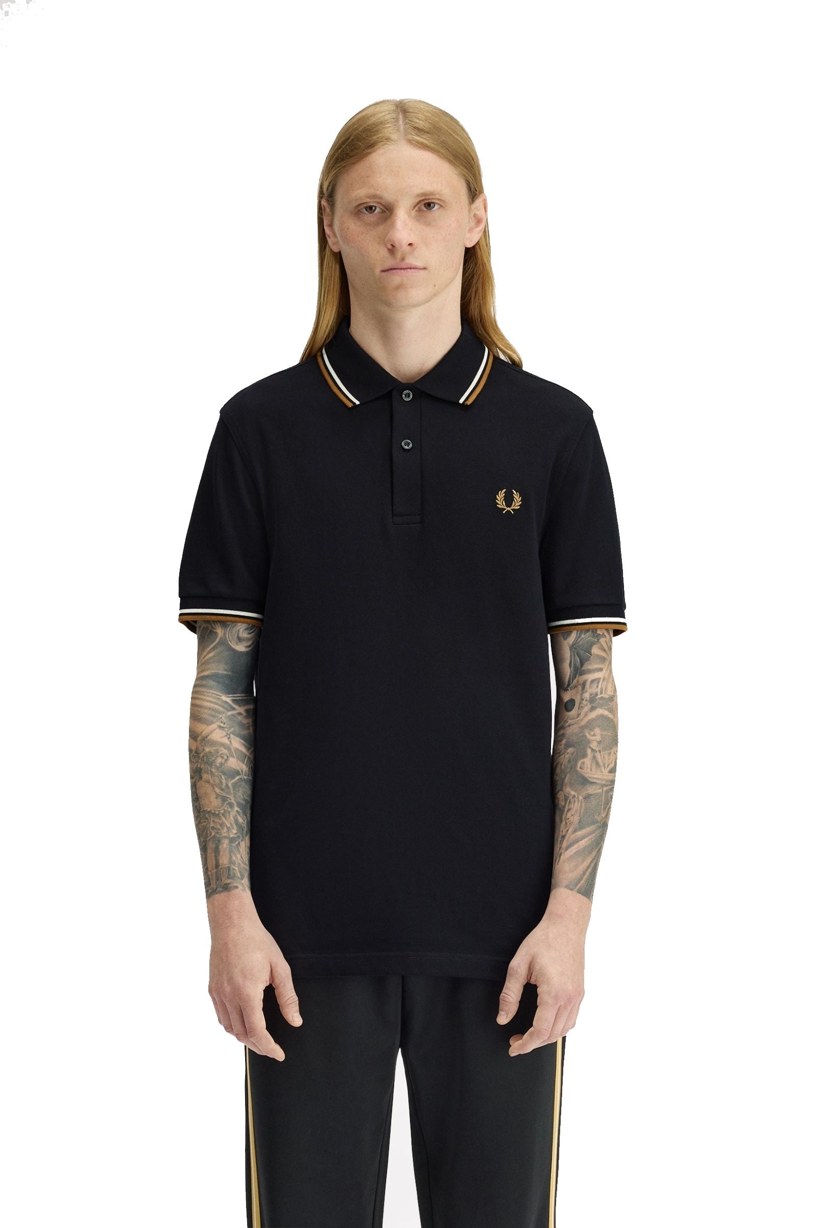 Fred Perry Slim Fit Twin Tipped Polo Black / Ecru / Dark Caramel