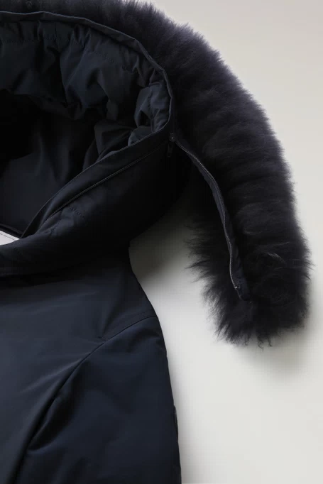 Woolrich Woman Long Parka with Cashmere Fur Melton Blue